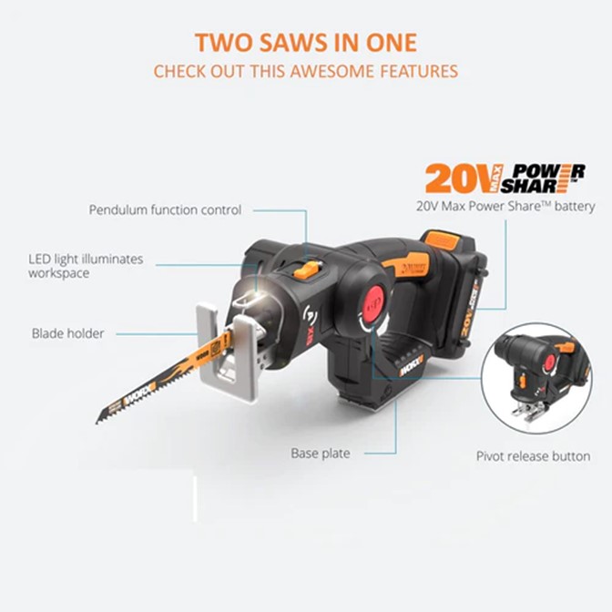 WORX 20V Cordless AXIS 2-in-1 Jigsaw Reciprocating Saw 8