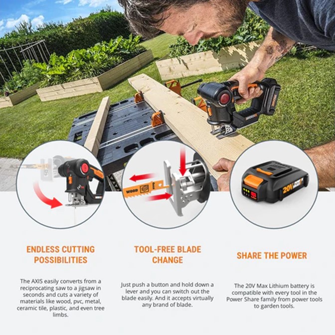 WORX 20V Cordless AXIS 2-in-1 Jigsaw Reciprocating Saw 9