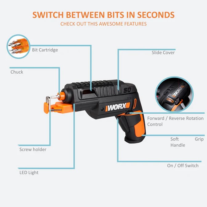 WORX Cordless SD Slide Driver with Screw Holder 5
