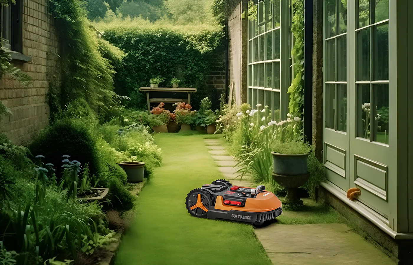 Worx Landroid navigating a complex garden layout with narrow passages