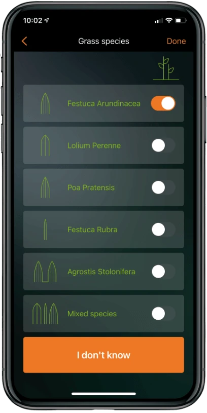 Worx Landroid app showing grass settings