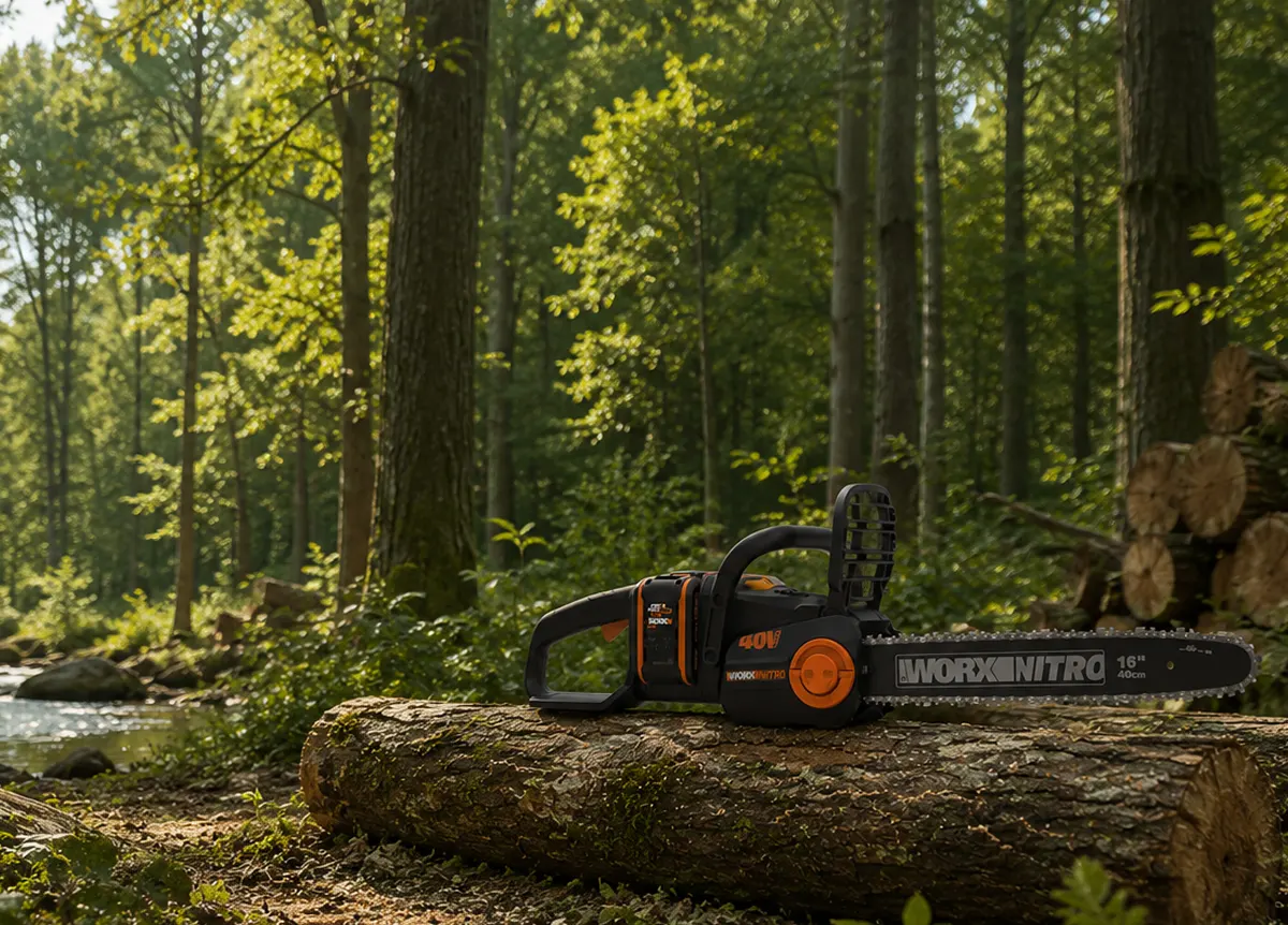 Using a cordless chainsaw to cut fallen branches into manageable lengths