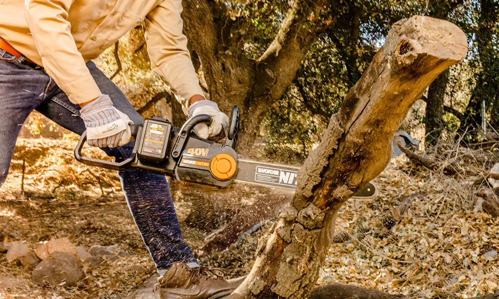 Placeholder for a WORX cordless chainsaw cutting a substantial log