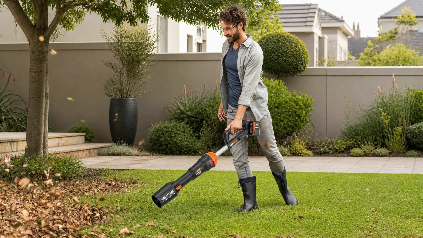 WORX cordless leaf blower being used for garden clean-up
