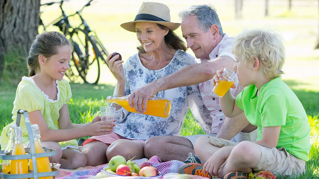 Family enjoying a picnic while their lawn care is handled automatically at home